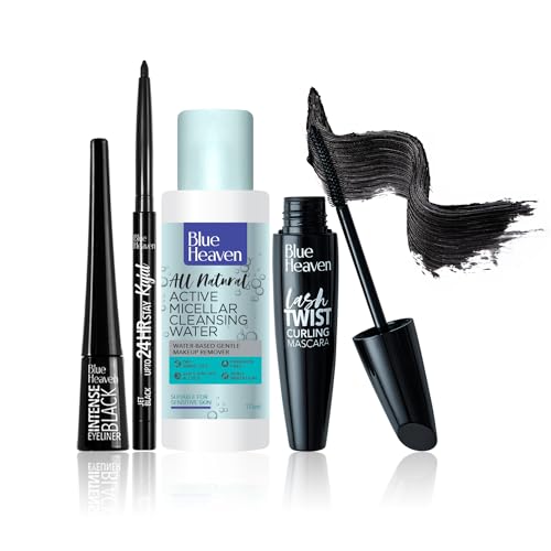 Blue Heaven Dramatic Eyes Essential Make-up Set - Black Eyeliner, 24Hr Stay Kajal, Micellar Cleansing Water, Lash Twist Mascara, 141ml + 0.30g SaumyasStore