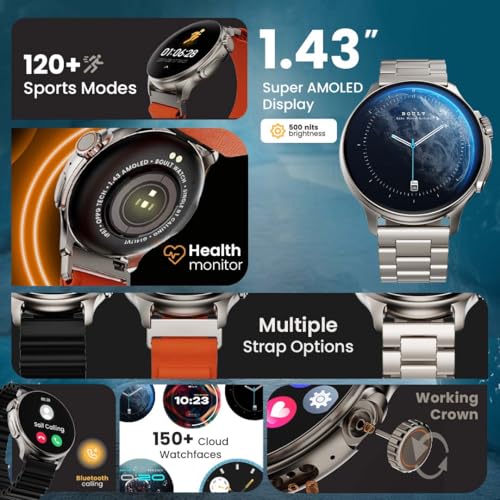 Boult Newly Launched Crown R Pro Smart Watch 1.43''HD AMOLED, Bluetooth Calling, Working Crown, Zinc Alloy Frame, 600 Nits Brightness, AI Voice Assistant, SpO2 Monitoring, 120+ Sports Mode (Jet Black) SaumyasStore