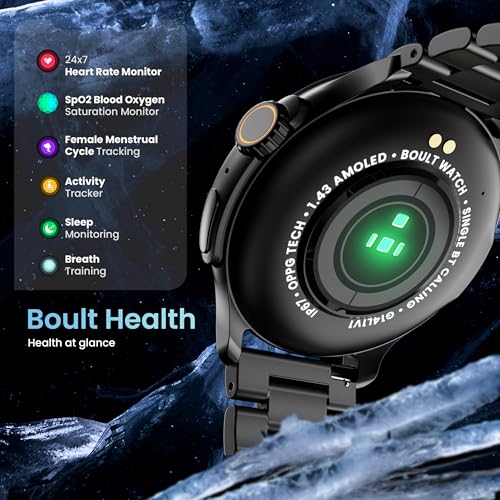 Boult Newly Launched Crown R Pro Smart Watch 1.43''HD AMOLED, Bluetooth Calling, Working Crown, Zinc Alloy Frame, 600 Nits Brightness, AI Voice Assistant, SpO2 Monitoring, 120+ Sports Mode (Jet Black) SaumyasStore