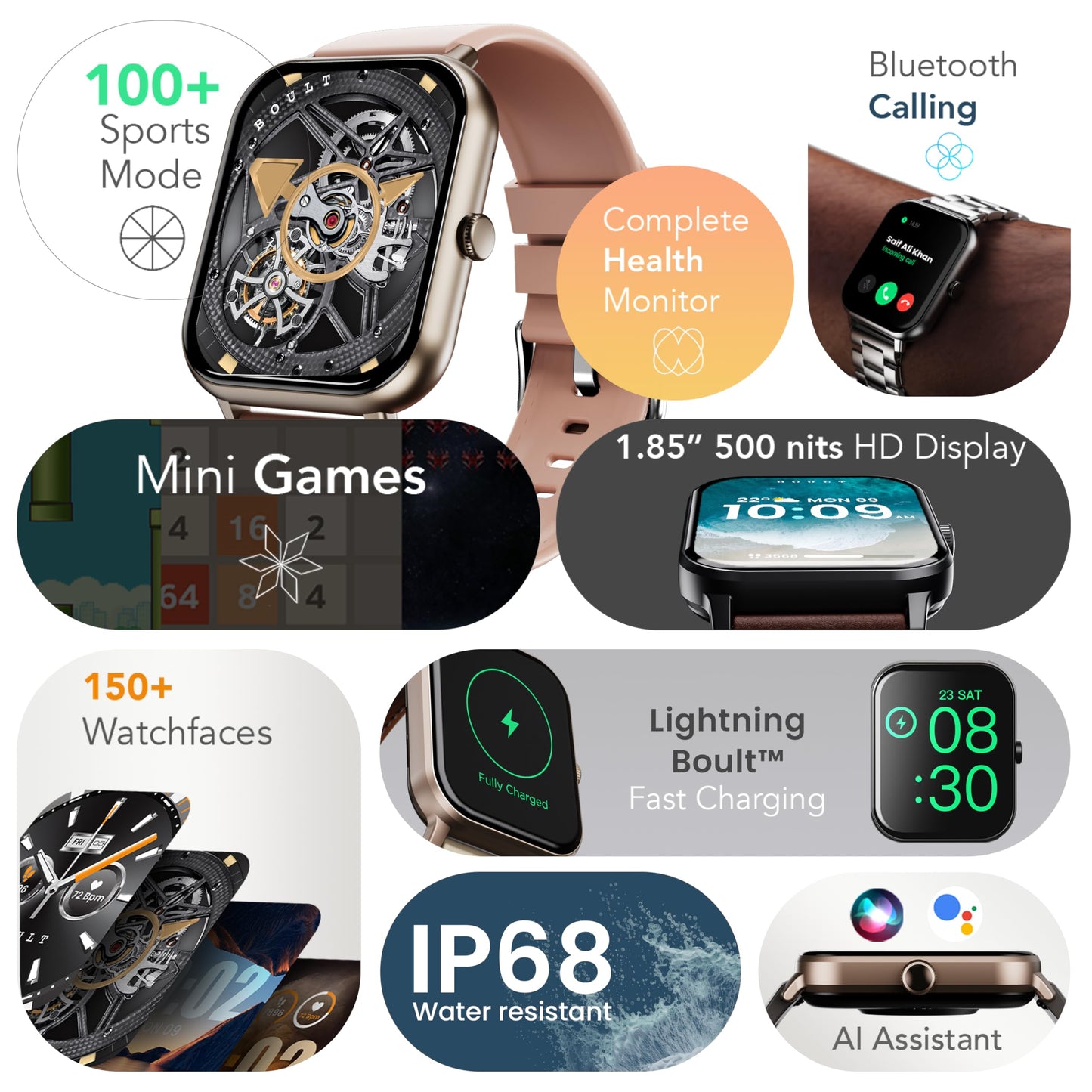 Boult Newly Launched Drift+ Smart Watch 1.85''HD Screen, Bluetooth Calling, IP68, 500 Nits Brightness,150+ Watchfaces, AI Voice Assistant, SpO2 Monitoring, 100+ Sports Mode Smartwatch (Chrome) SaumyasStore