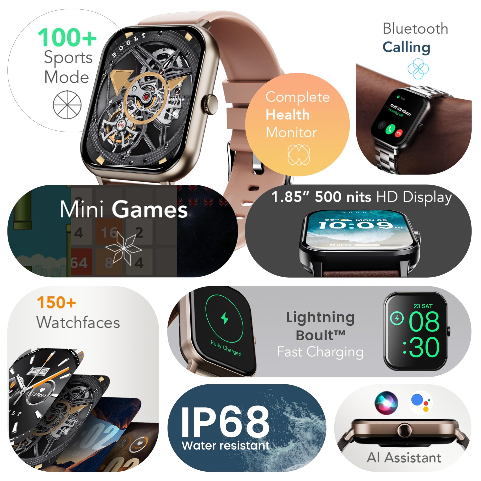 Boult Newly Launched Drift+ Smart Watch 1.85''HD Screen, Bluetooth Calling, IP68, 500 Nits Brightness,150+ Watchfaces, AI Voice Assistant, SpO2 Monitoring, 100+ Sports Mode Smartwatch (Chrome) SaumyasStore