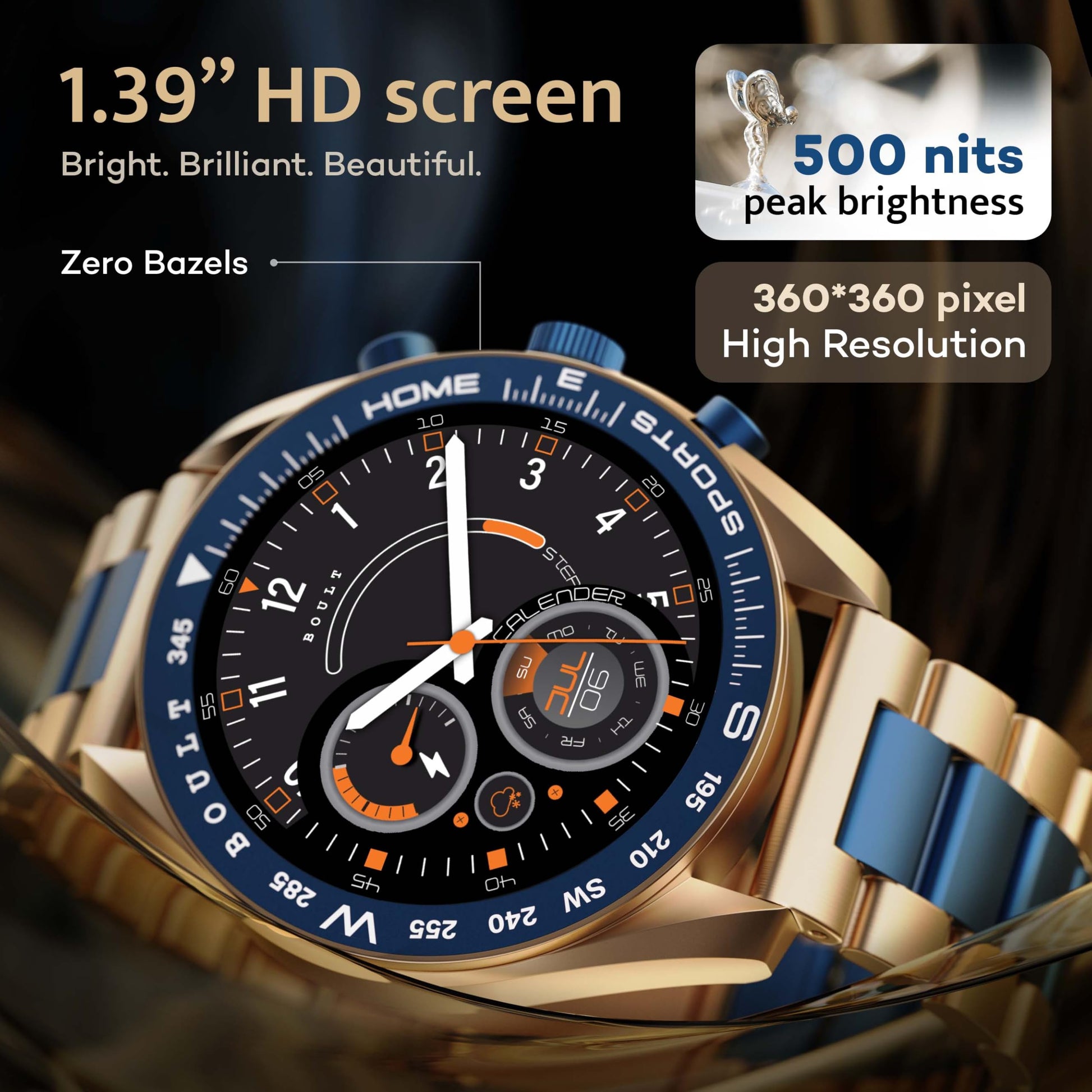 Boult Newly Launched Mirage Smart Watch 1.39''HD Screen, Bluetooth Calling, IP67, Zinc Alloy Frame, 500 Nits Brightness, AI Voice Assistant, SpO2 Monitoring, 120+ Sports Mode (Amber Blue) SaumyasStore