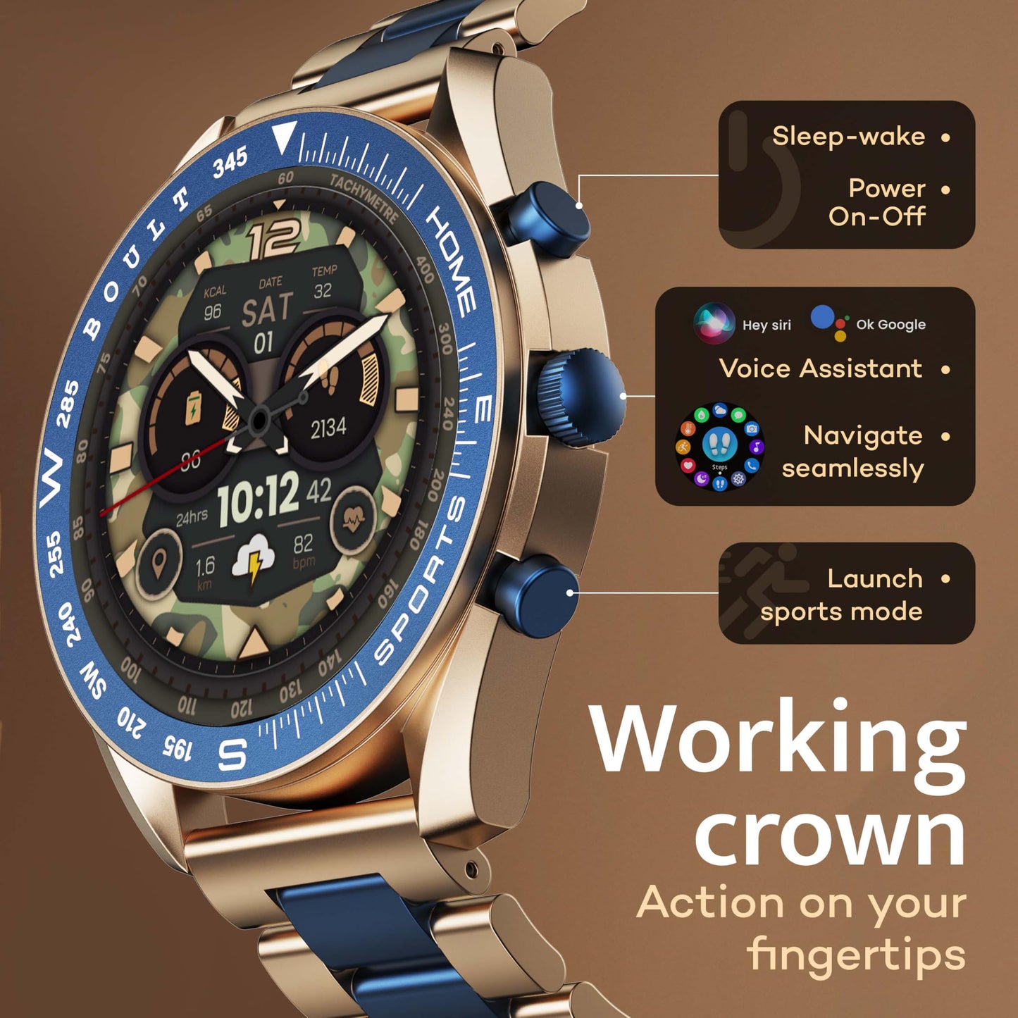Boult Newly Launched Mirage Smart Watch 1.39''HD Screen, Bluetooth Calling, IP67, Zinc Alloy Frame, 500 Nits Brightness, AI Voice Assistant, SpO2 Monitoring, 120+ Sports Mode (Amber Blue) SaumyasStore
