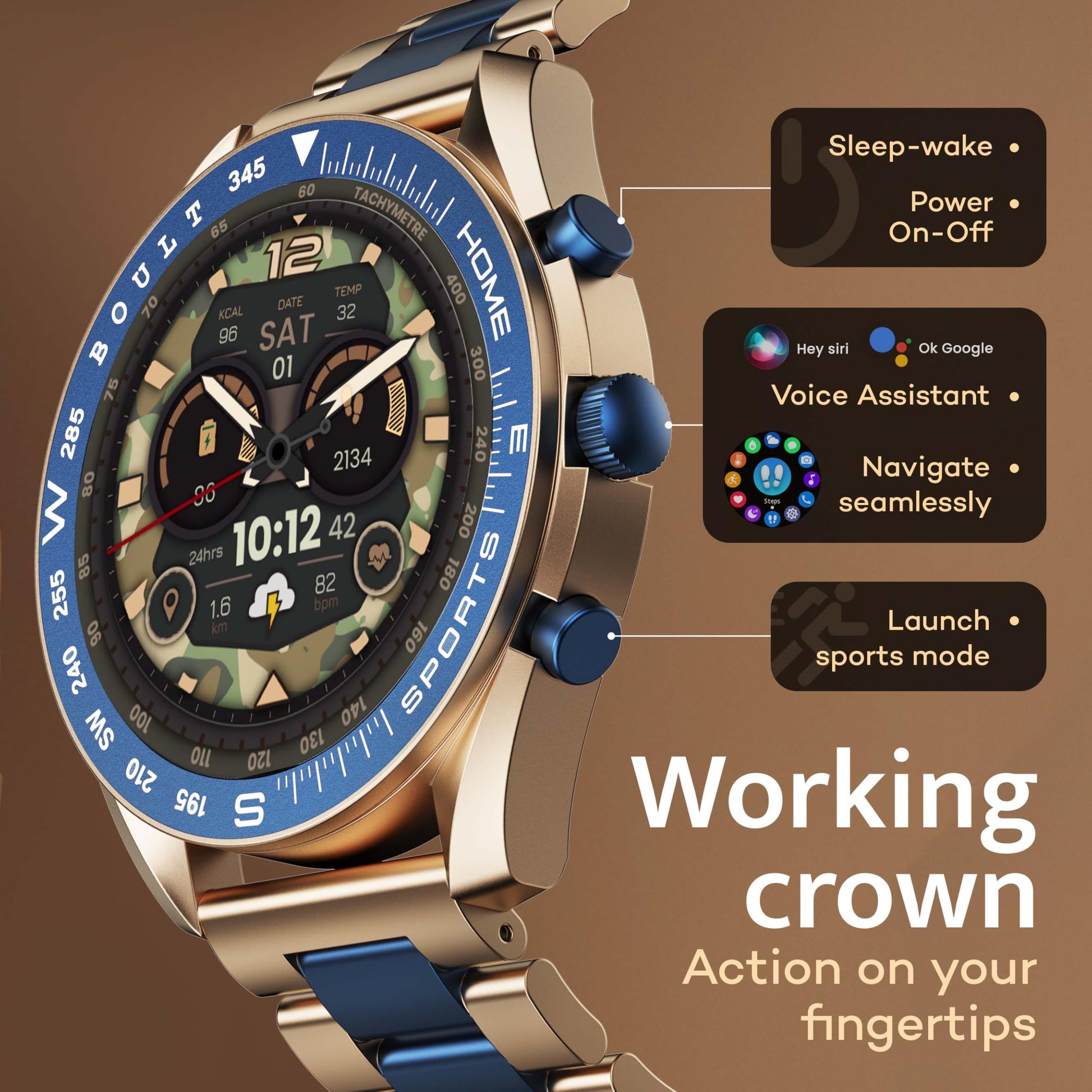 Boult Newly Launched Mirage Smart Watch 1.39''HD Screen, Bluetooth Calling, IP67, Zinc Alloy Frame, 500 Nits Brightness, AI Voice Assistant, SpO2 Monitoring, 120+ Sports Mode (Amber Blue) SaumyasStore