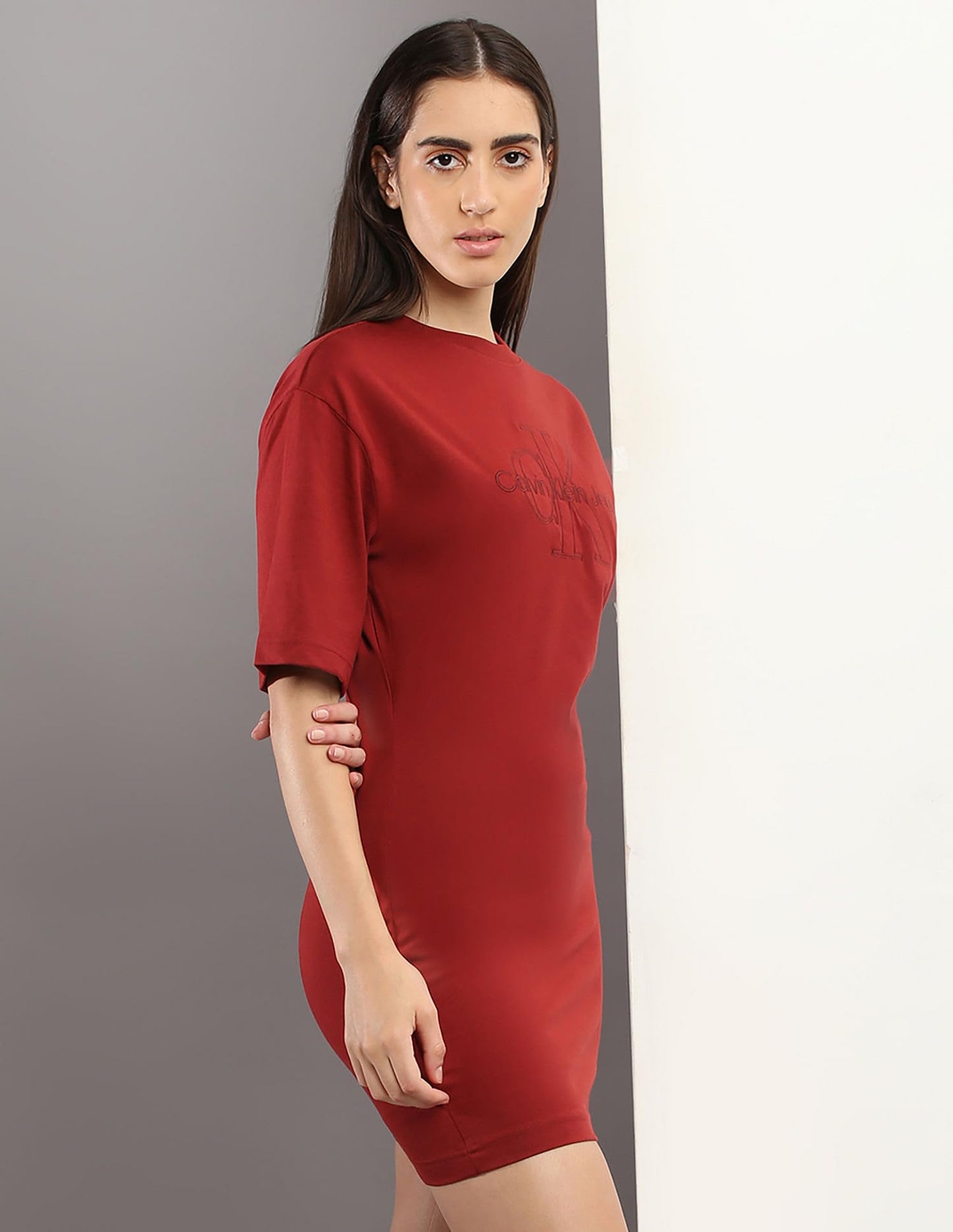 Calvin Klein Women's Cotton T-Shirt Dress Above The Knee Sienna Brown - SaumyasStore