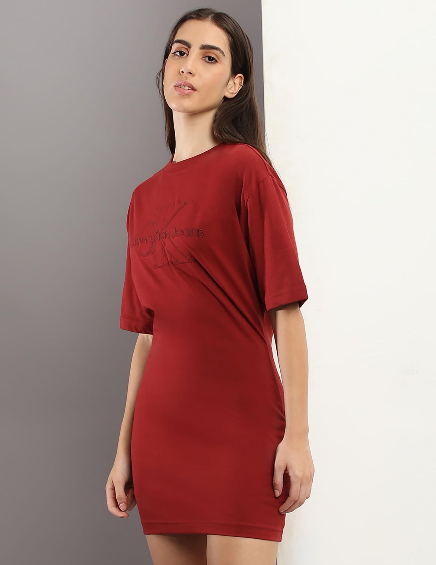 Calvin Klein Women's Cotton T-Shirt Dress Above The Knee Sienna Brown - SaumyasStore