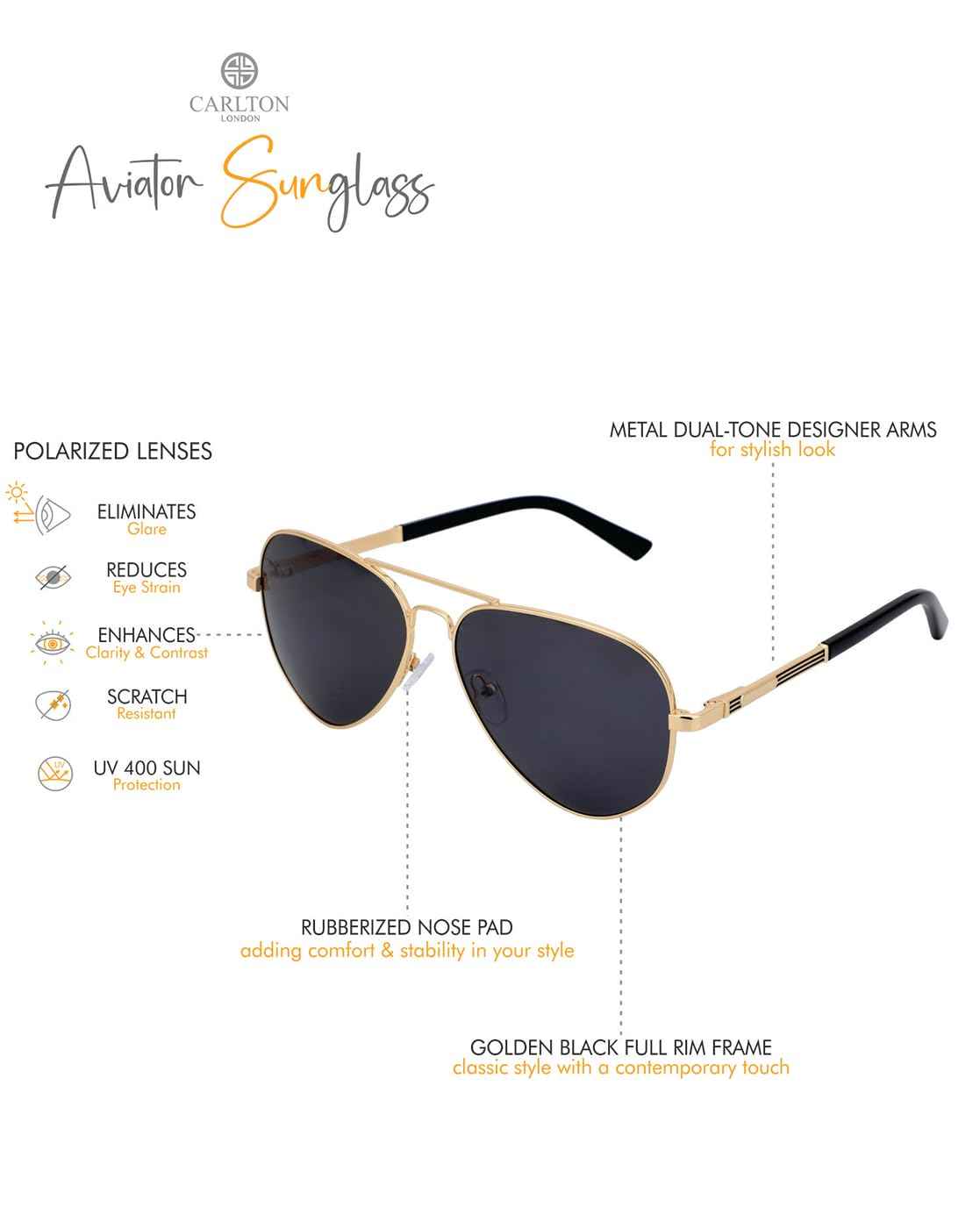 Carlton London Premium Gold with Black Toned & Polarised Lens Aviator Sunglass for men SaumyasStore