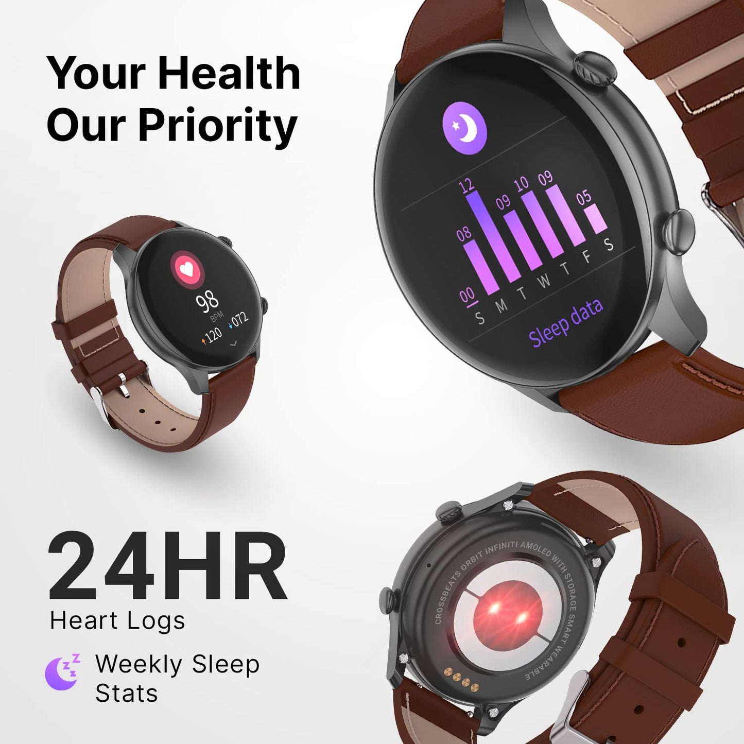 CrossBeats Orbit Infiniti 2.0, Large 1.43'' AMOLED Display Smartwatch with Ai ENC BT Calling,1000+Songs 4GB Storage, Connect TWS,10 Days Battery,Always on Display,300+Sports Modes, Free Strap Brown SaumyasStore
