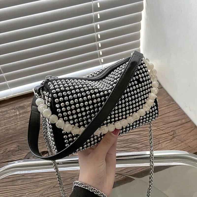 DOSYSO Crossbody sling Bag with Chain strap side Bag Evening Clutch Pearl Handle Designer Handbags for Women Stylish Latest Girls Glitter Ladies Stone Purse Wallet for Party Wedding (SILVER) - SaumyasStore