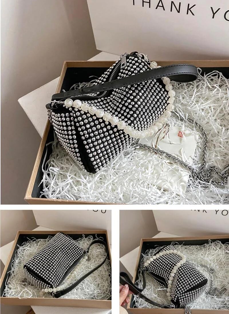 DOSYSO Crossbody sling Bag with Chain strap side Bag Evening Clutch Pearl Handle Designer Handbags for Women Stylish Latest Girls Glitter Ladies Stone Purse Wallet for Party Wedding (SILVER) - SaumyasStore