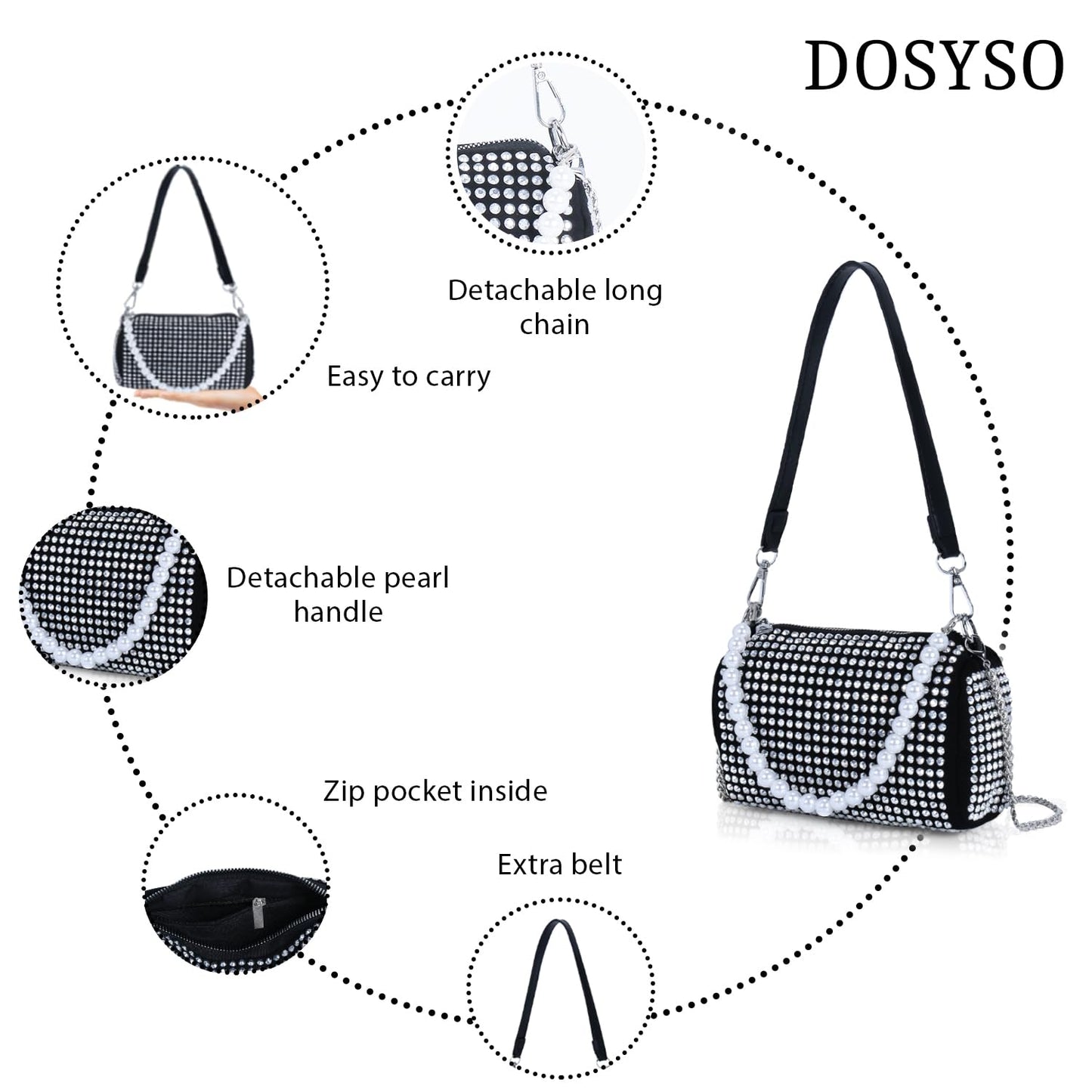 DOSYSO Crossbody sling Bag with Chain strap side Bag Evening Clutch Pearl Handle Designer Handbags for Women Stylish Latest Girls Glitter Ladies Stone Purse Wallet for Party Wedding (SILVER) - SaumyasStore