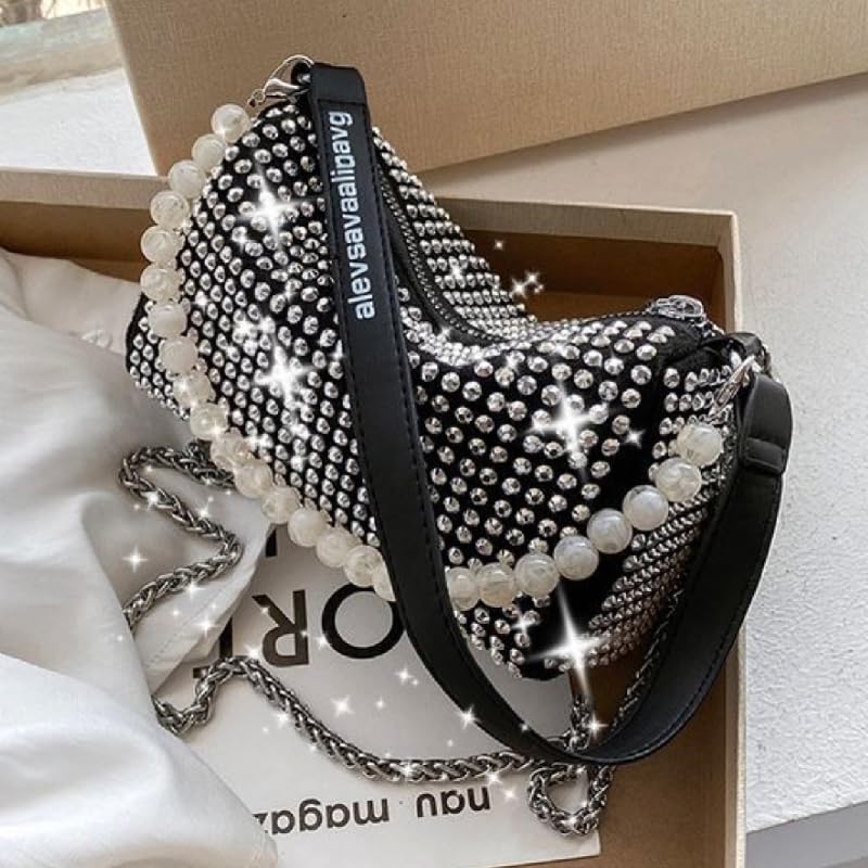 DOSYSO Crossbody sling Bag with Chain strap side Bag Evening Clutch Pearl Handle Designer Handbags for Women Stylish Latest Girls Glitter Ladies Stone Purse Wallet for Party Wedding (SILVER) - SaumyasStore