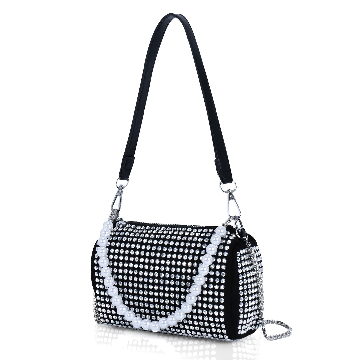 DOSYSO Crossbody sling Bag with Chain strap side Bag Evening Clutch Pearl Handle Designer Handbags for Women Stylish Latest Girls Glitter Ladies Stone Purse Wallet for Party Wedding (SILVER) - SaumyasStore