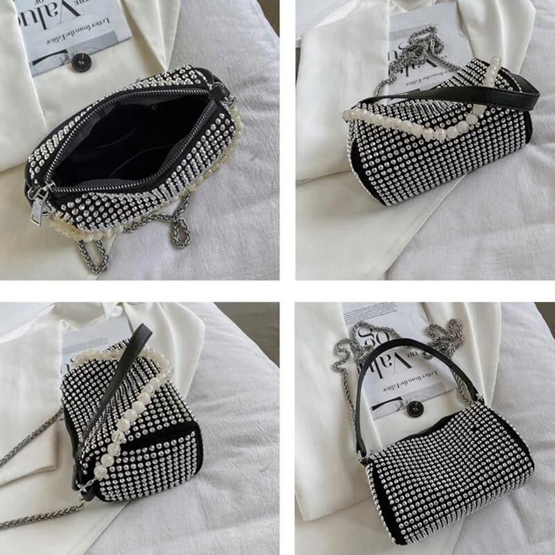 DOSYSO Crossbody sling Bag with Chain strap side Bag Evening Clutch Pearl Handle Designer Handbags for Women Stylish Latest Girls Glitter Ladies Stone Purse Wallet for Party Wedding (SILVER) - SaumyasStore