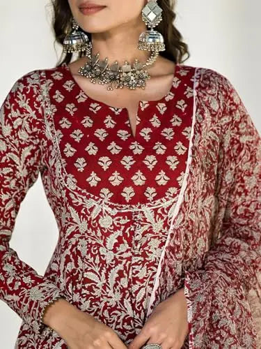 Divena Maroon Floral Printed Anarkali Kurta Trouser with Dupatta Set SaumyasStore