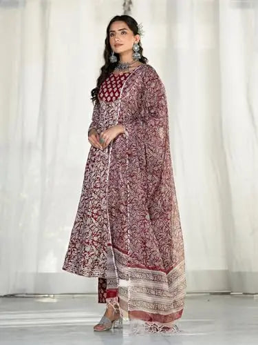 Divena Maroon Floral Printed Anarkali Kurta Trouser with Dupatta Set SaumyasStore