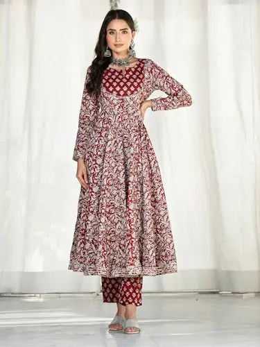 Divena Maroon Floral Printed Anarkali Kurta Trouser with Dupatta Set SaumyasStore