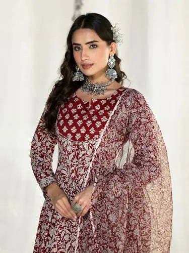 Divena Maroon Floral Printed Anarkali Kurta Trouser with Dupatta Set SaumyasStore