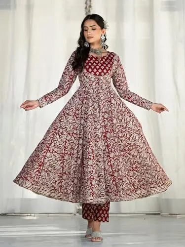 Divena Maroon Floral Printed Anarkali Kurta Trouser with Dupatta Set SaumyasStore