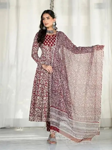 Divena Maroon Floral Printed Anarkali Kurta Trouser with Dupatta Set SaumyasStore