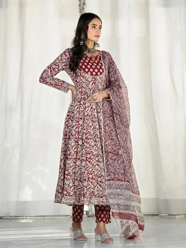 Divena Maroon Floral Printed Anarkali Kurta Trouser with Dupatta Set SaumyasStore