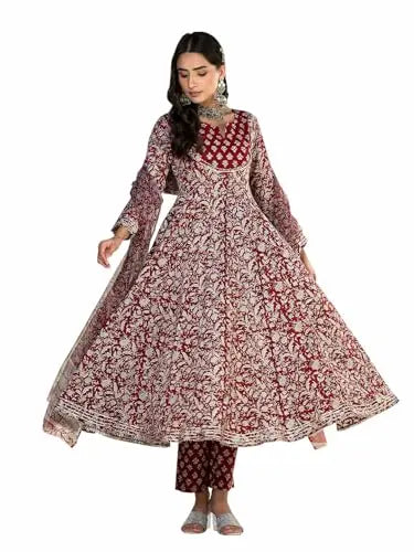 Divena Maroon Floral Printed Anarkali Kurta Trouser with Dupatta Set SaumyasStore