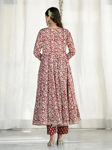 Divena Maroon Floral Printed Anarkali Kurta Trouser with Dupatta Set SaumyasStore