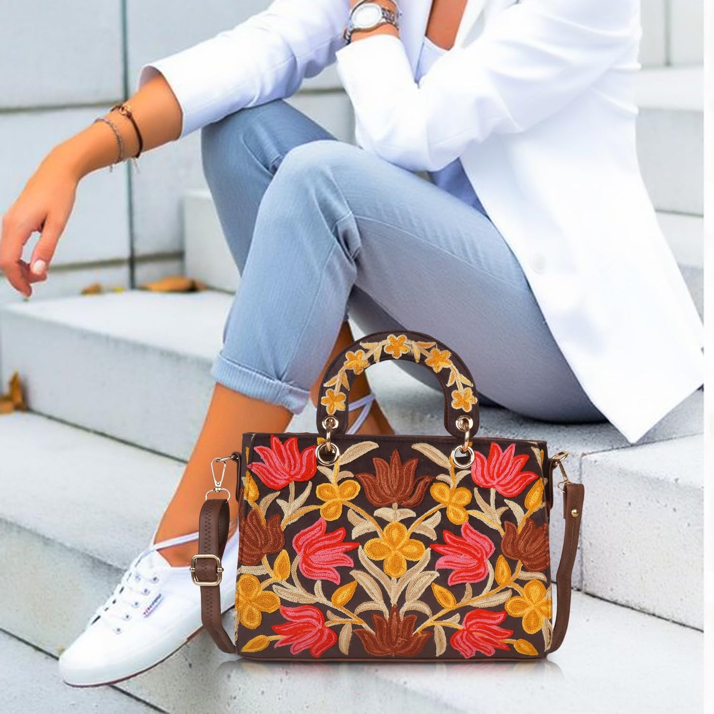 EVEDA Synthetic Leather Gorgeous Embroidery Stylish Design Shoulder Crossbody Hobo Women Handbag - SaumyasStore