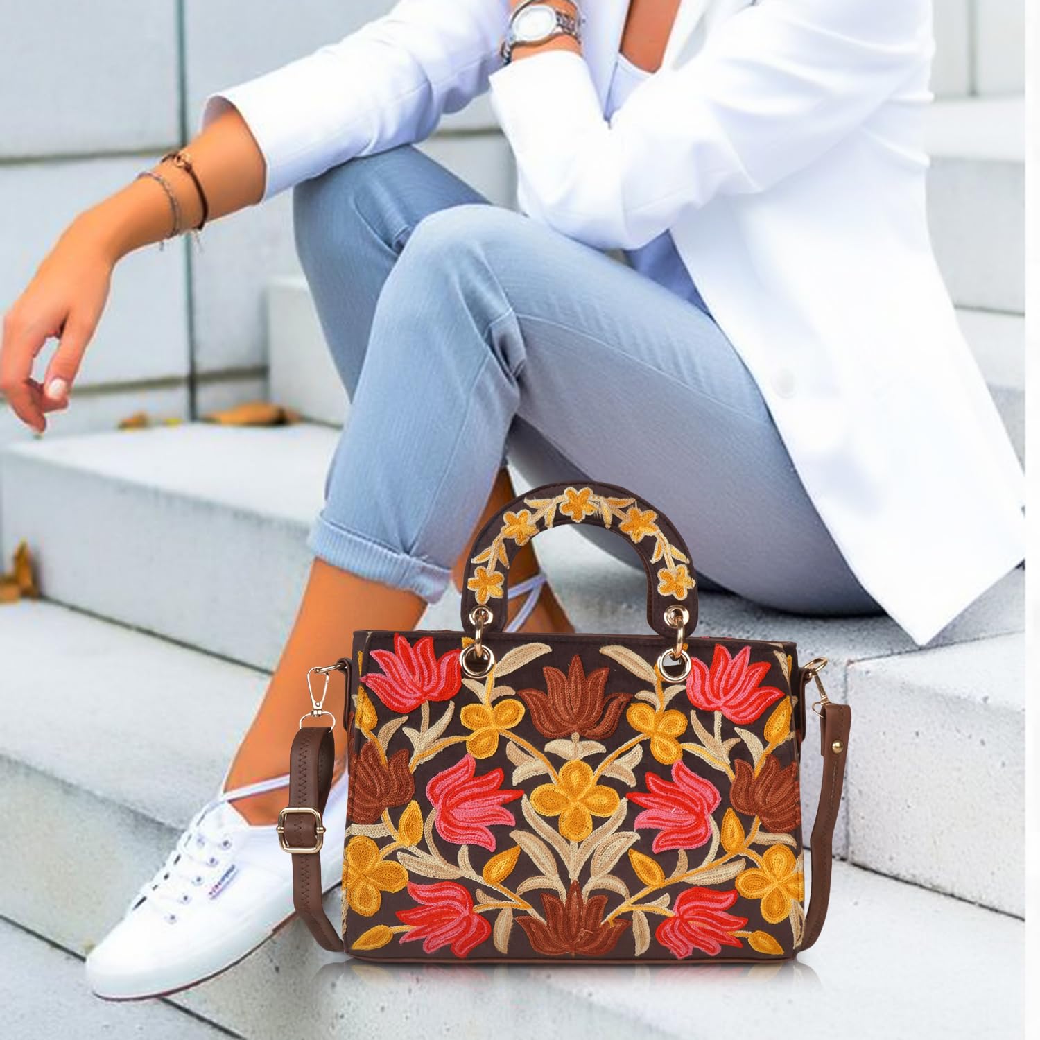 EVEDA Synthetic Leather Gorgeous Embroidery Stylish Design Shoulder Crossbody Hobo Women Handbag - SaumyasStore