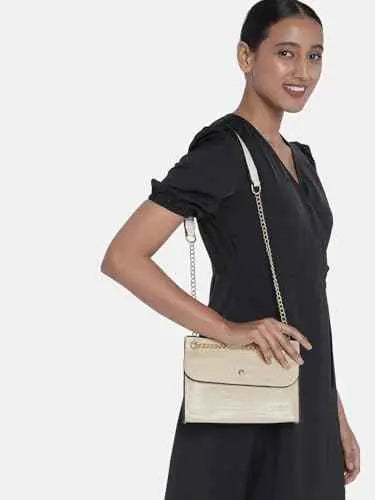 Fastrack Croco Textured Structured Shoulder Bag for Women, Girls and Ladies | Gold Chain Sling Strap with Button Closure SaumyasStore