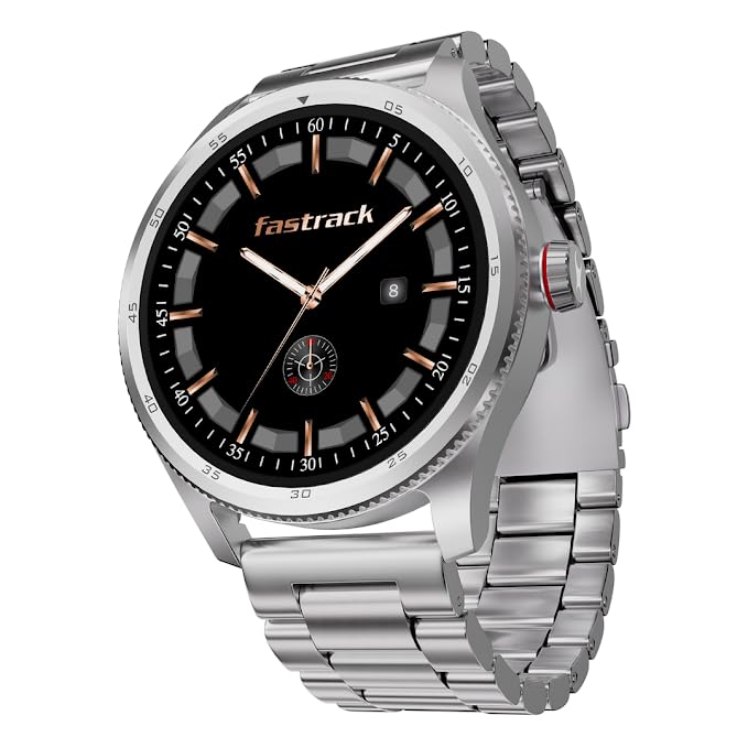 Fastrack Magnus FX1 Premium Metal Smart Watch, 1.38" UltraVU HD Display, Bright Pixel Resolution, Functional Crown, AI Voice, SingleSync BT Calling, 100+ Sports Mode & Smartwatch Faces, IP68 (Silver) SaumyasStore