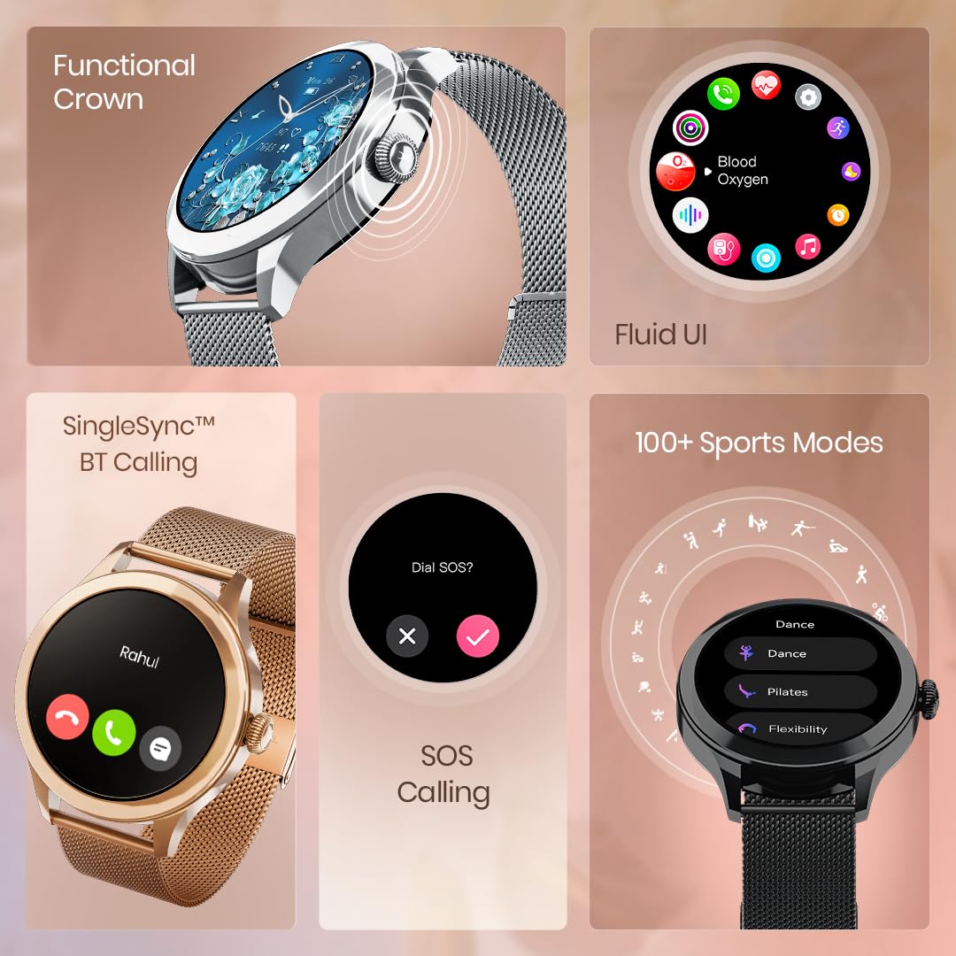 Fastrack Noir Pro Womens Smart Watch, 3.0 cm Super AMOLED Display, 390 * 390 Resolution, 100+ Sports Modes, SOS, BT Calling, Female Health Monitor, IP68, 5-Day Battery, 100+ Smartwatch Faces (Sliver) SaumyasStore