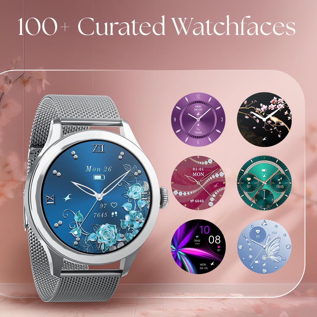 Fastrack Noir Pro Womens Smart Watch, 3.0 cm Super AMOLED Display, 390 * 390 Resolution, 100+ Sports Modes, SOS, BT Calling, Female Health Monitor, IP68, 5-Day Battery, 100+ Smartwatch Faces (Sliver) SaumyasStore