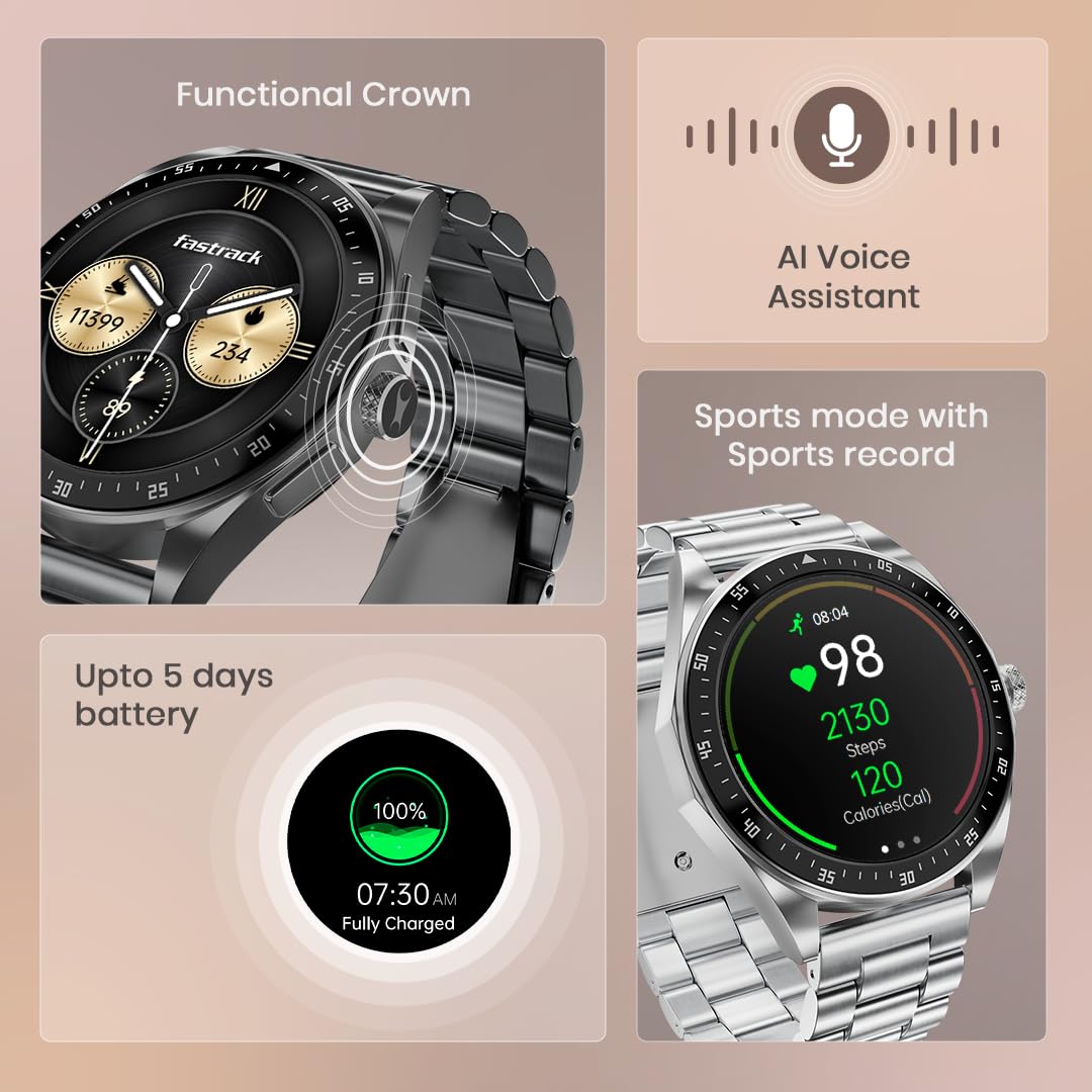 Fastrack Radiant FX1 Luxury Metal Smart Watch, 1.43” AMOLED 60Hz Display, AOD, Functional Crown, SingleSync BT Calling, AI Voice, Upto 5 Day Battery, 100+Smartwatch Faces & Sport Modes, IP68 (Sliver) SaumyasStore