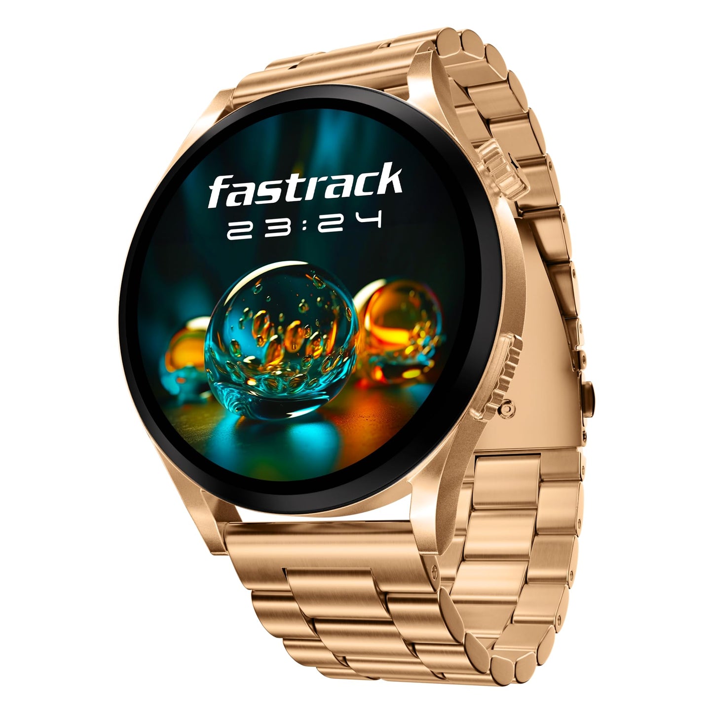 Fastrack Radiant FX4 Premium Metal Smart Watch, 3.8 cm EdgeX AMOLED Display, Functional Crown, SingleSync BT Calling, SOS, AI Voice Assistant, 100+ Sports Modes & Smartwatch Faces, IP68 (Rose Gold) SaumyasStore