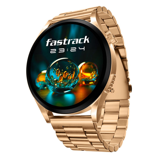 Fastrack Radiant FX4 Premium Metal Smart Watch, 3.8 cm EdgeX AMOLED Display, Functional Crown, SingleSync BT Calling, SOS, AI Voice Assistant, 100+ Sports Modes & Smartwatch Faces, IP68 (Rose Gold) SaumyasStore