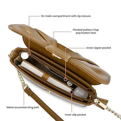 Fastrack Soft-Pleated Sling Bag with Metal Chain Accents | Faux-Leather Women's Handbags | Sling for Casual Carry SaumyasStore