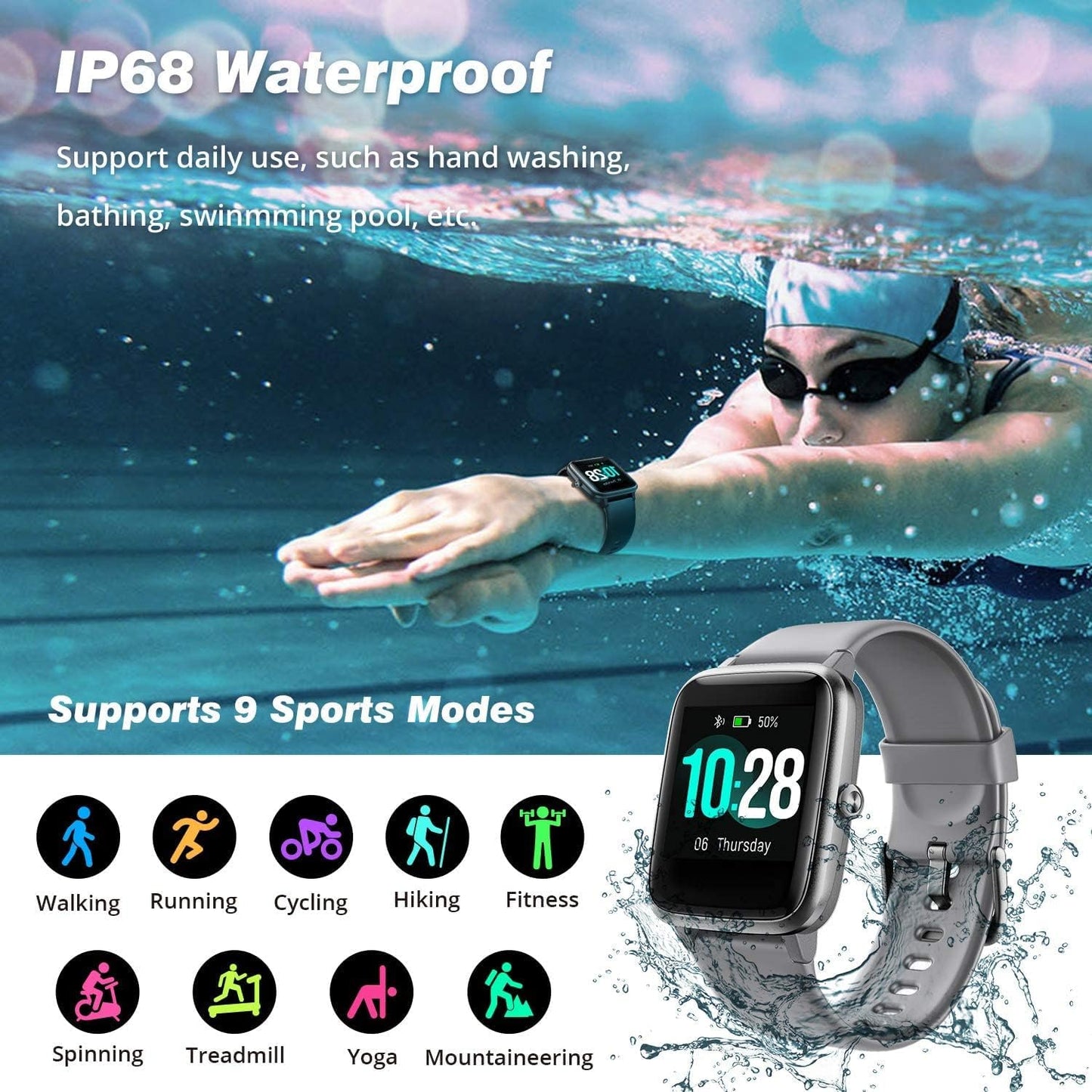 Fitpolo Fitness Tracker Smart Watch for Android iOS Phones, IP68 Waterproof Fitness Watch Step Tracker Heart Rate Monitor Calorie Counter Pedometer Smartwatch for Men Women SaumyasStore