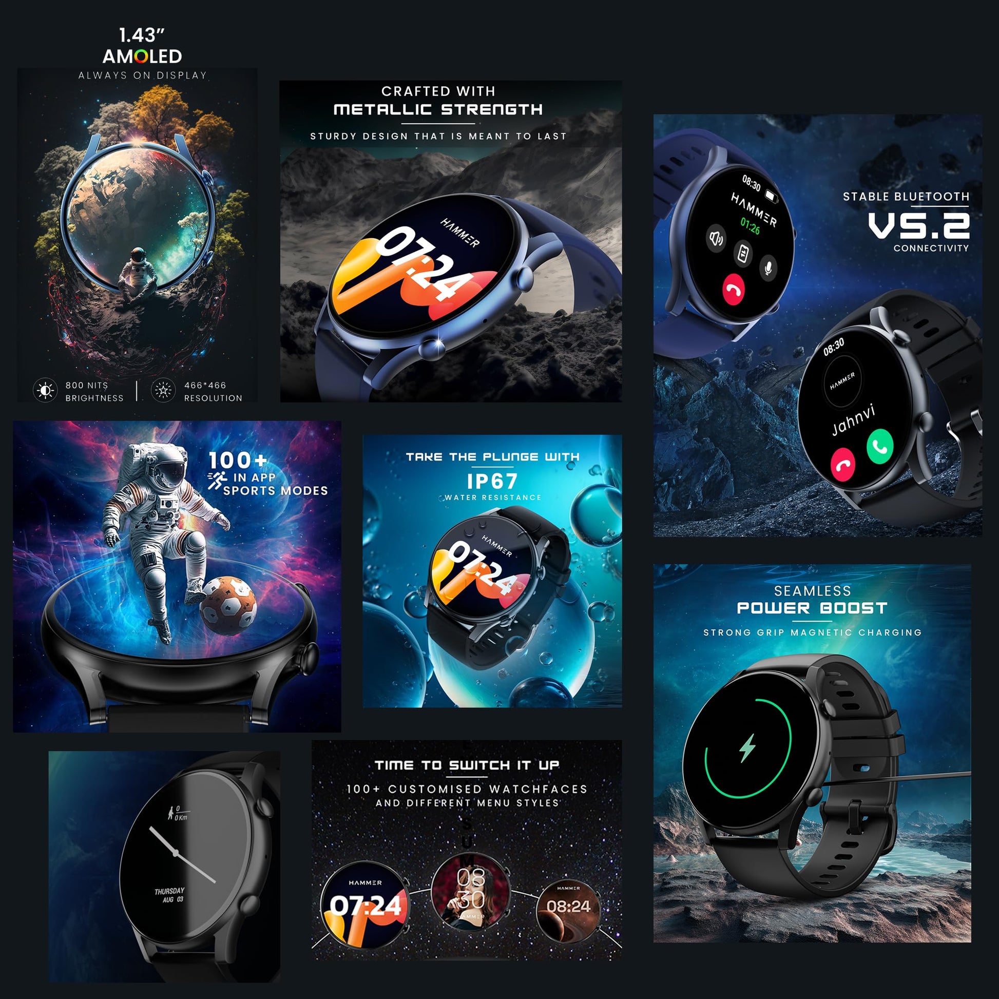 HAMMER Glide 1.43" AMOLED Display Smart Watch for Men with Bluetooth Calling, 466 * 466 PX, Always on Display, 800 Nits, Multiple Sports Modes (Charcoal Black) SaumyasStore