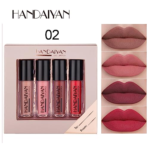 HANDAIYAN Glossy Liquid Lipstick Set - Long-Lasting Waterproof and Smudge Proof LipGloss Liquid Lipsticks for Women in 4 Vibrant Matte Shades - Perfect for Any Occasion! (SET 02 MATTE) SaumyasStore