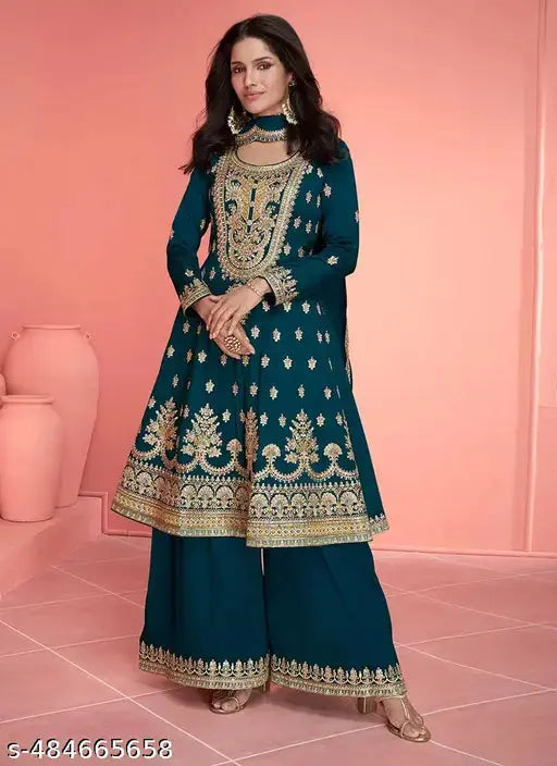 Hoyendiafad Women's Rama Color Full Stitched Vichitra Silk Top and Palazzo with Santoon Inner and Vichitra Silk Dupatta Embroidered Kurta Palazzo Set (1157-Rama) SaumyasStore