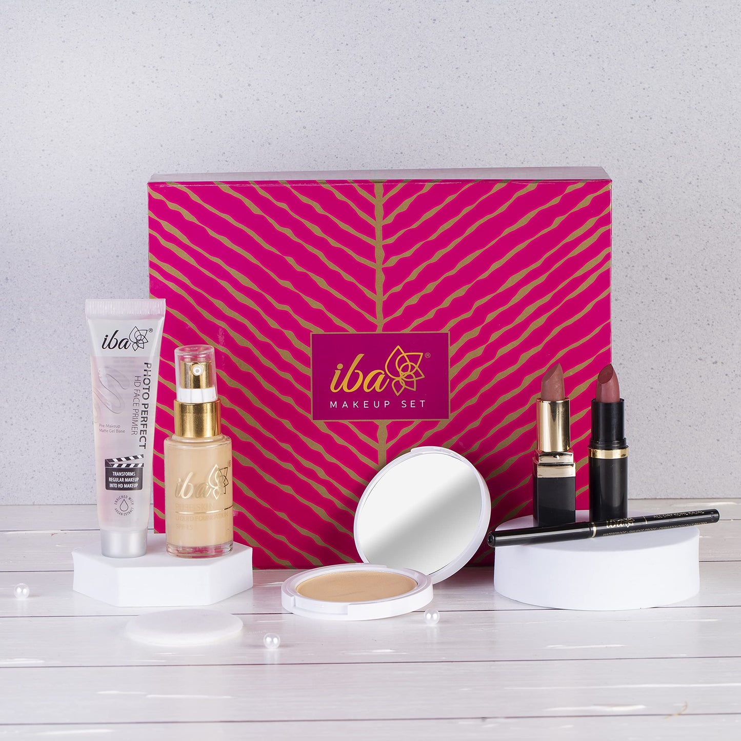 Iba Makeup Gift Set for Women (Medium) - Foundation, Compact, Primer, Lipsticks, Kajal | Long Lasting | Full Coverage | 100% Vegan & Cruelty-Free (6 items in the set) SaumyasStore