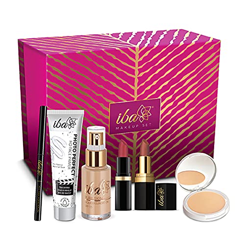 Iba Makeup Gift Set for Women (Medium) - Foundation, Compact, Primer, Lipsticks, Kajal | Long Lasting | Full Coverage | 100% Vegan & Cruelty-Free (6 items in the set) SaumyasStore