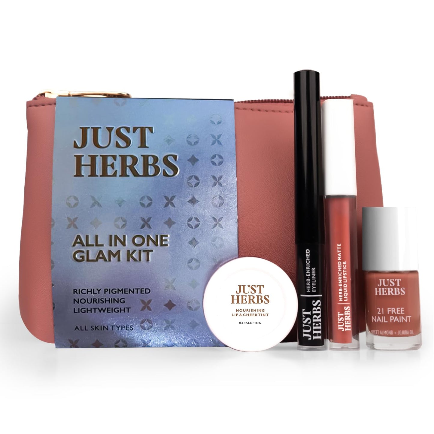 Just Herbs All in 1 Glam Kit Travel Frindly Gifting Pouch for Women (Lip & Cheeck Tint, Liquid Lipstick, Nail Paint, Eyeliner) SaumyasStore