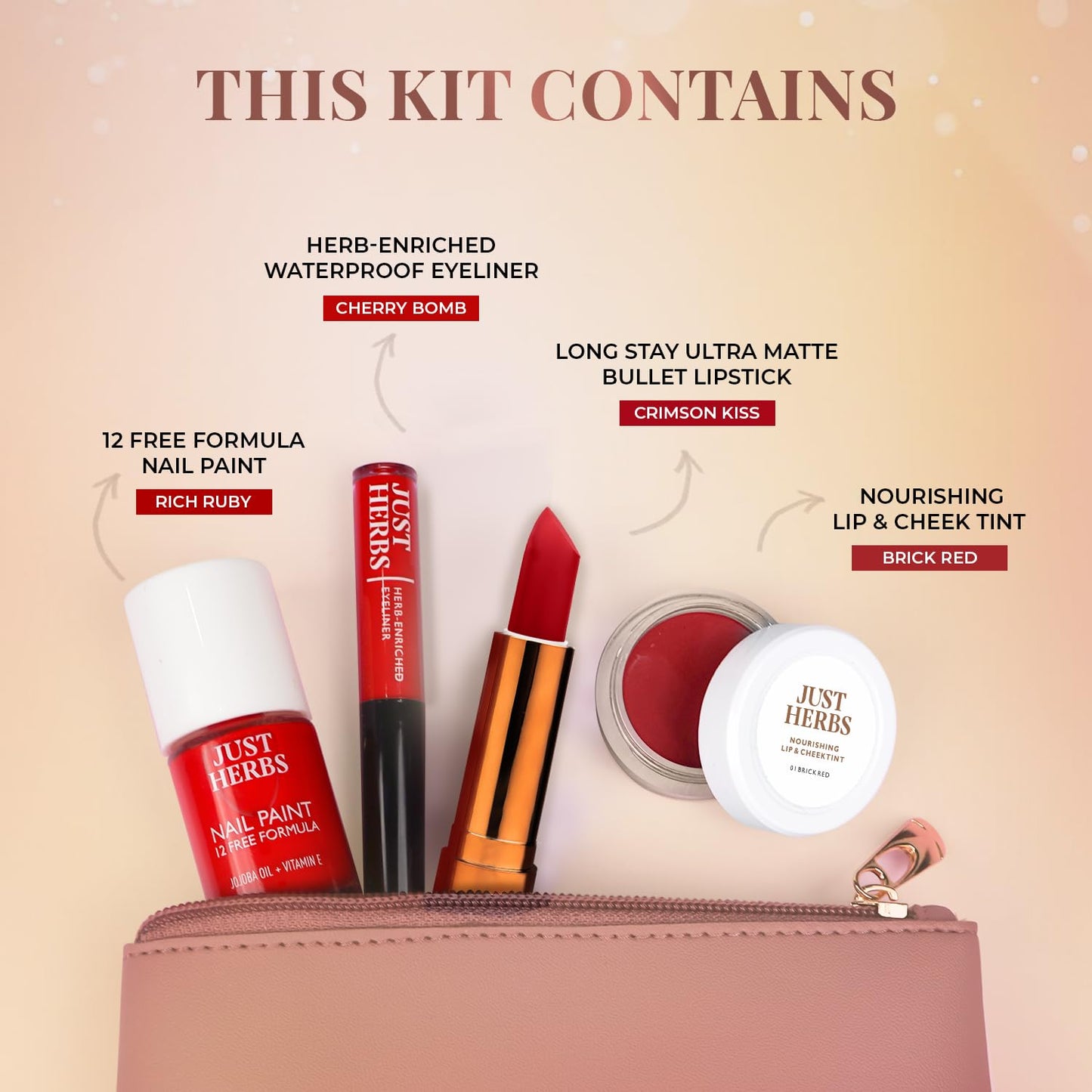 Just Herbs Festive Glam Makeup Essential Makeup Pouch for Women (Lip & Cheek Tint, Ultra Matte Lipstick, Nail Paint, Eyeliner) SaumyasStore