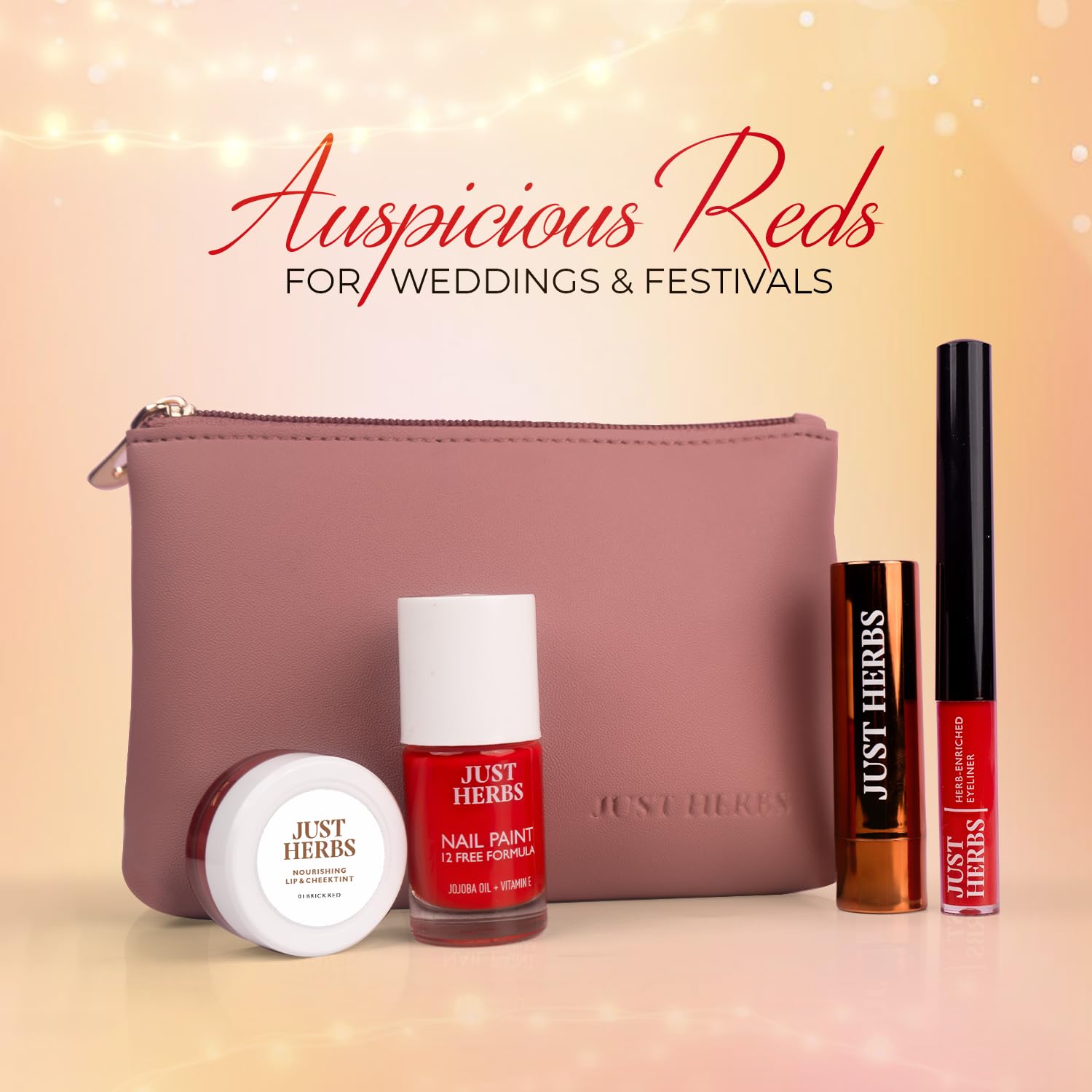 Just Herbs Festive Glam Makeup Essential Makeup Pouch for Women (Lip & Cheek Tint, Ultra Matte Lipstick, Nail Paint, Eyeliner) SaumyasStore