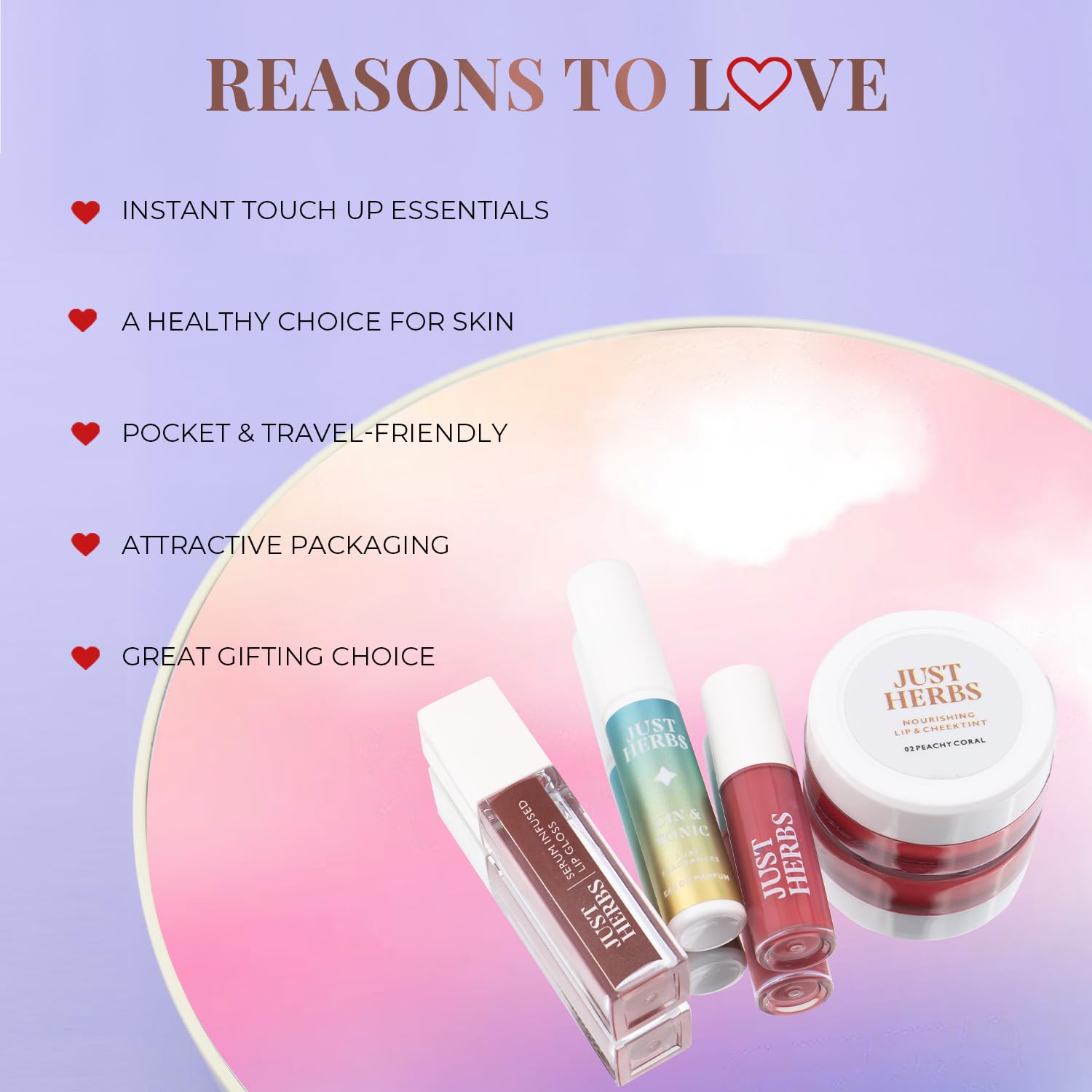 Just Herbs Travel Touch Up Kit Lightweight and Travel Friendly Gift Set of (Liquid Lipstick, Perfume, Lip Cheek Tint & Lip Gloss) SaumyasStore