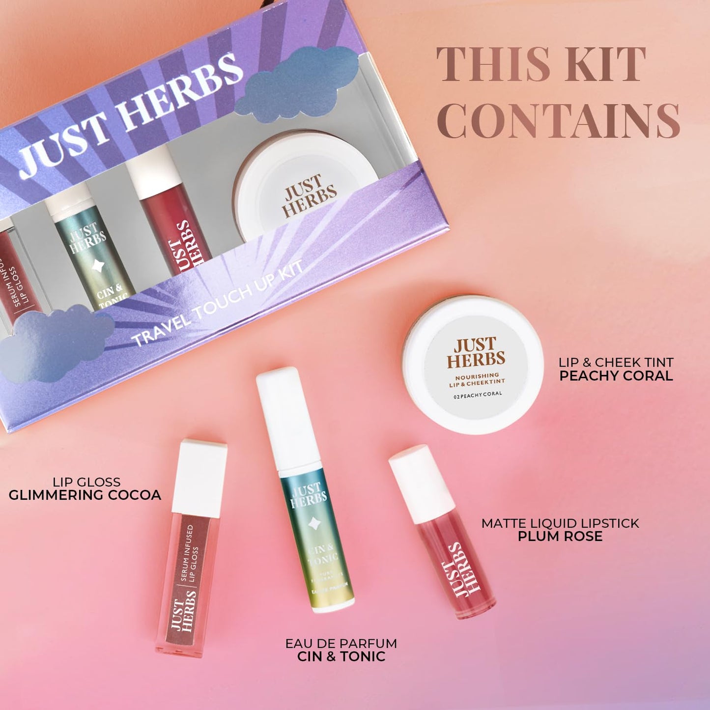 Just Herbs Travel Touch Up Kit Lightweight and Travel Friendly Gift Set of (Liquid Lipstick, Perfume, Lip Cheek Tint & Lip Gloss) SaumyasStore