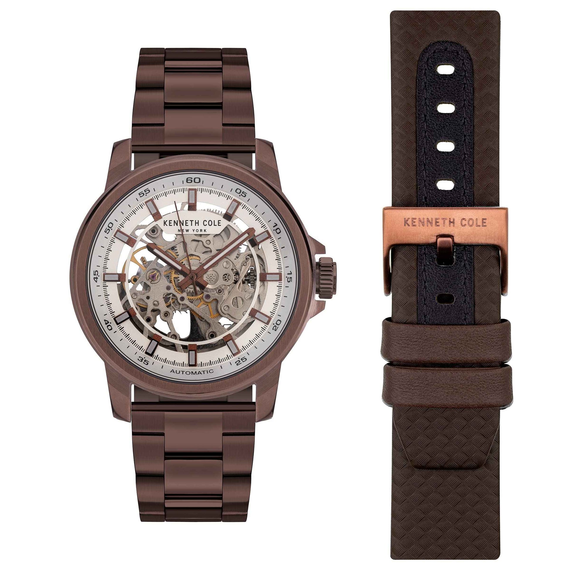 KENNETH COLE Automatic Silver Dial Leather Strap Watch for Men-NEKCWGL2104102MN SaumyasStore