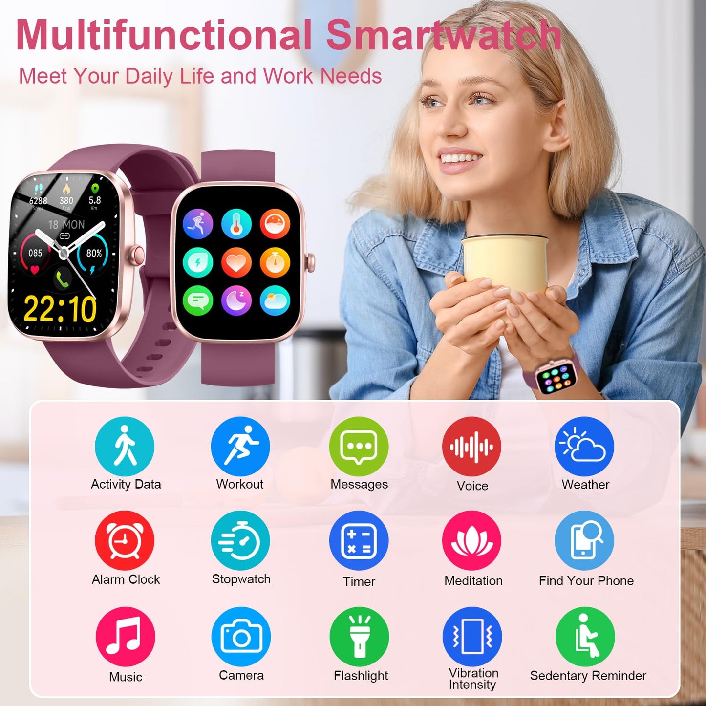 Kuizil Smart Watch, 1.91" HD Smartwatch for Men Women (Answer/Make Call), Fitness Tracker with 100+ Sport Modes, IP68 Waterproof, Heart Rate/Sleep Monitor, Activity Tracker for Android iOS Rose red SaumyasStore